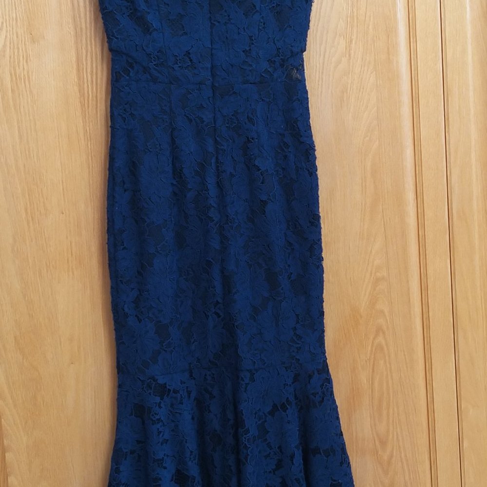 Xscape Womens Navy Lace Off-The-Shoulder Hi-Low Midi Dress Petites 2P Pre-owne - Picture 10 of 16